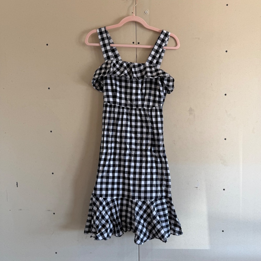 J.Crew Cottagecore Black White Plaid Gingham Ruffle Hem Tank Dress 00